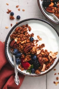 bowl of yogurt with granola and berries