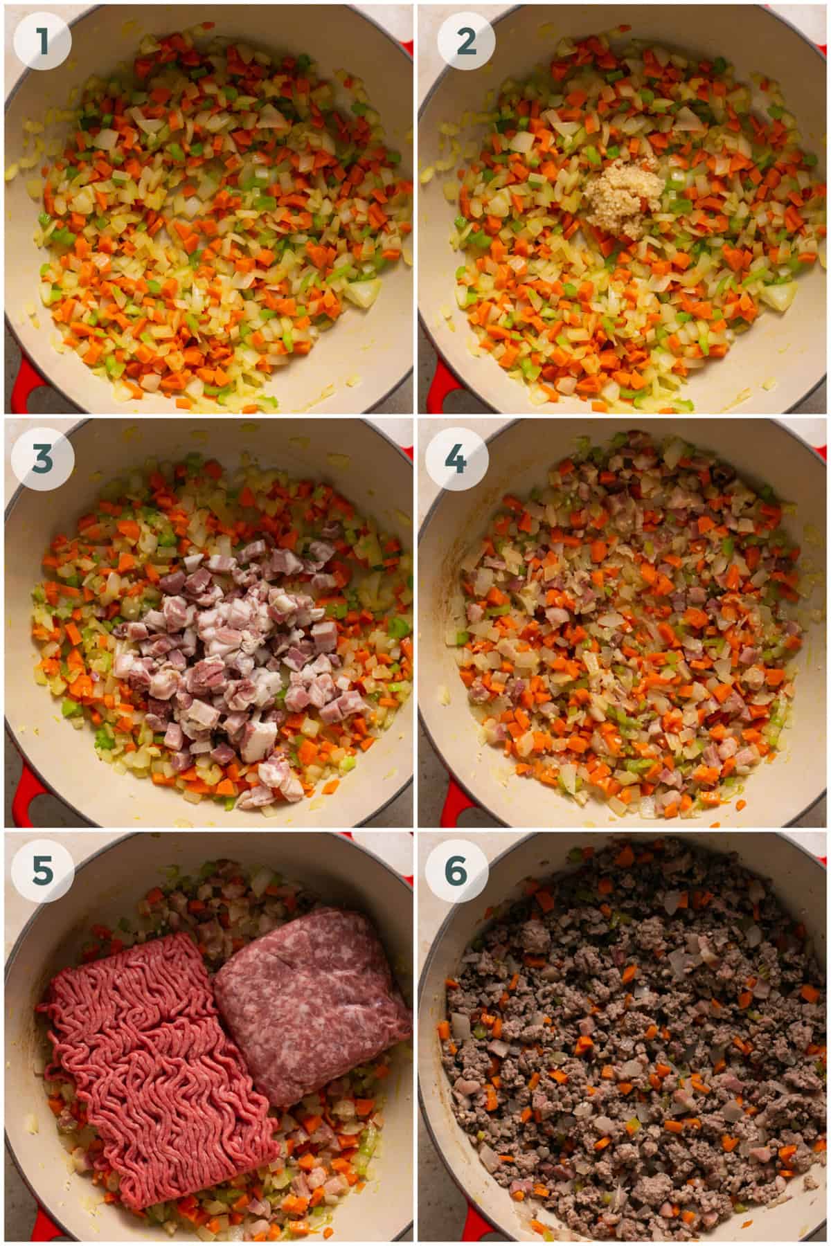 first six steps of preparing rigatoni bolognese recipe