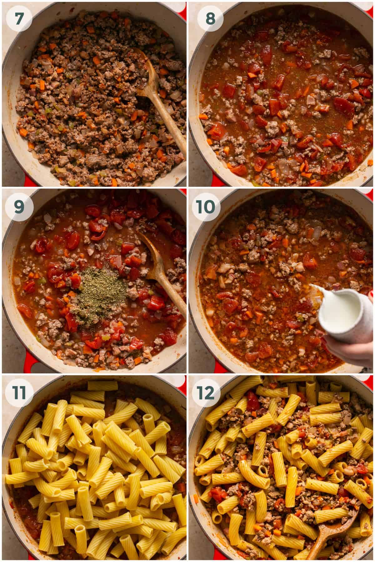 final 6 steps of preparing rigatoni bolognese recipe