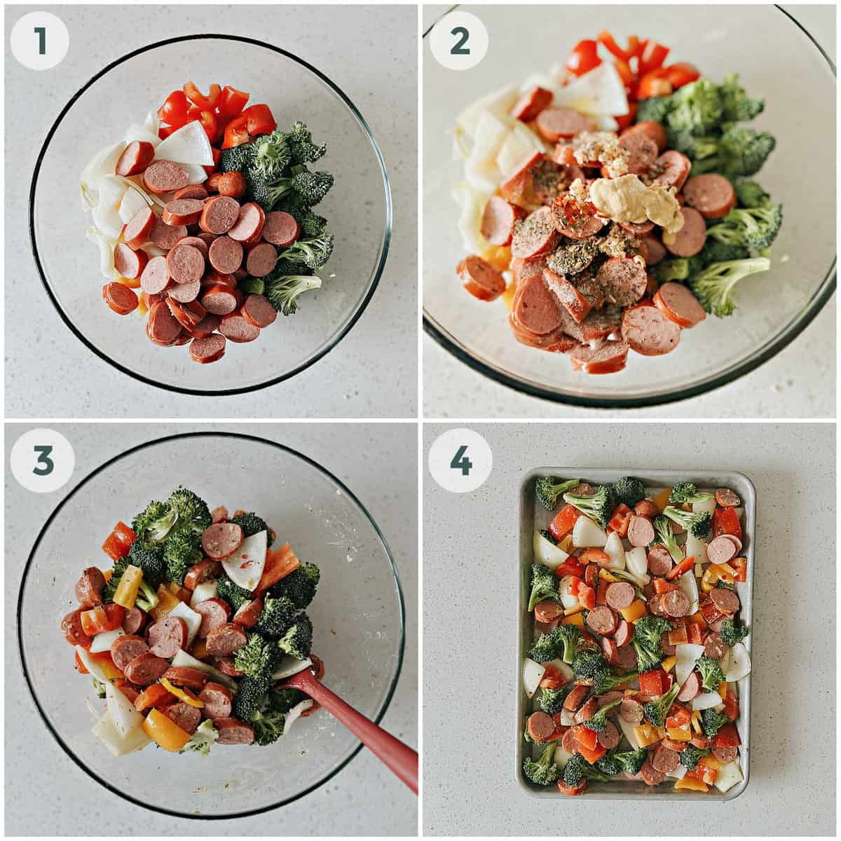 four steps of preparing sheet pan sausage and veggies