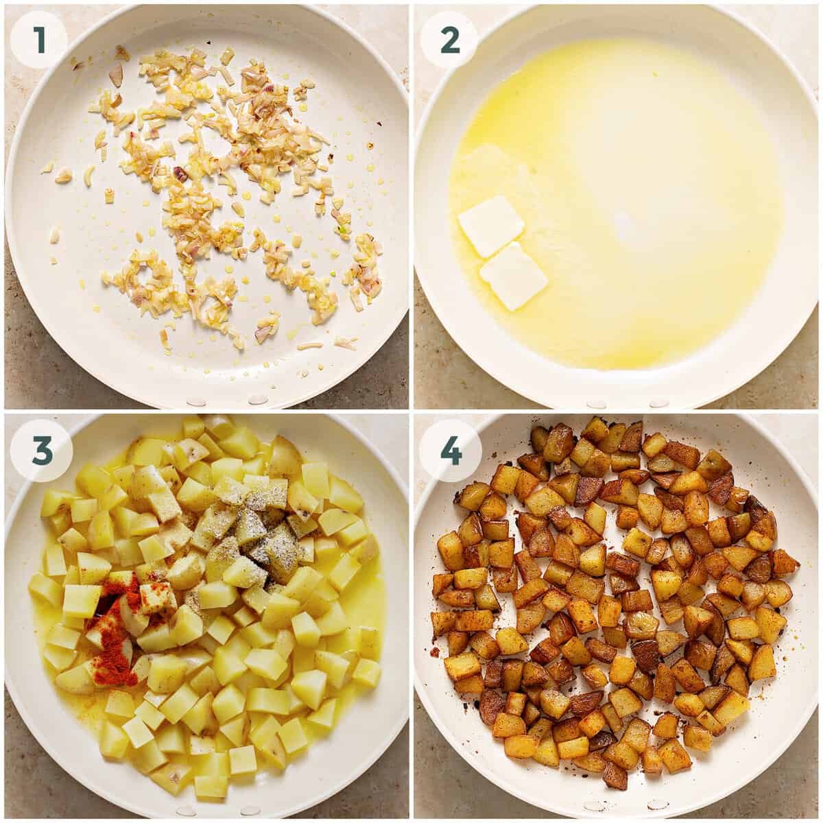 steps 1-4 of skillet breakfast potatoes recipe