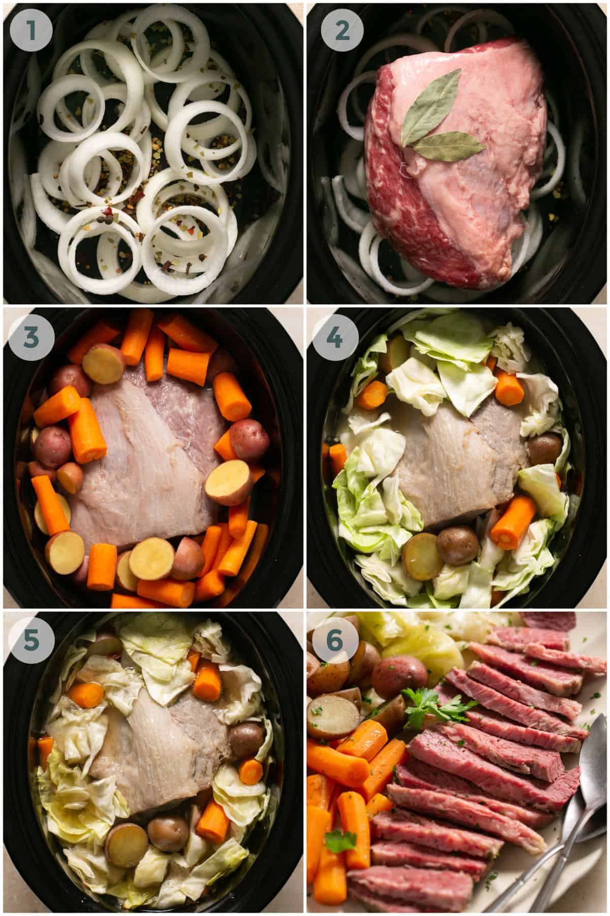 six steps of preparing crockpot corned beef and cabbage recipe