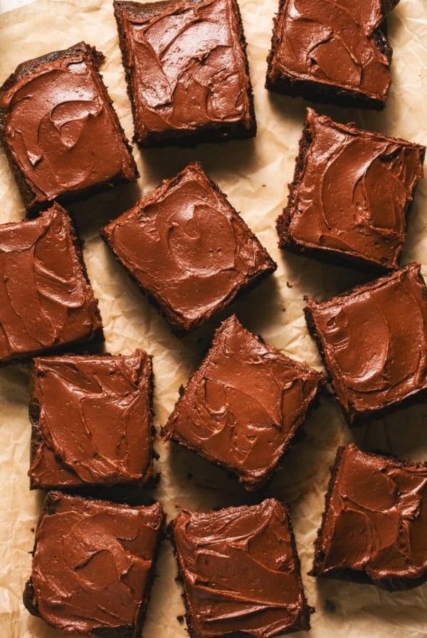 pieces of chocolate cake arranged on parchment