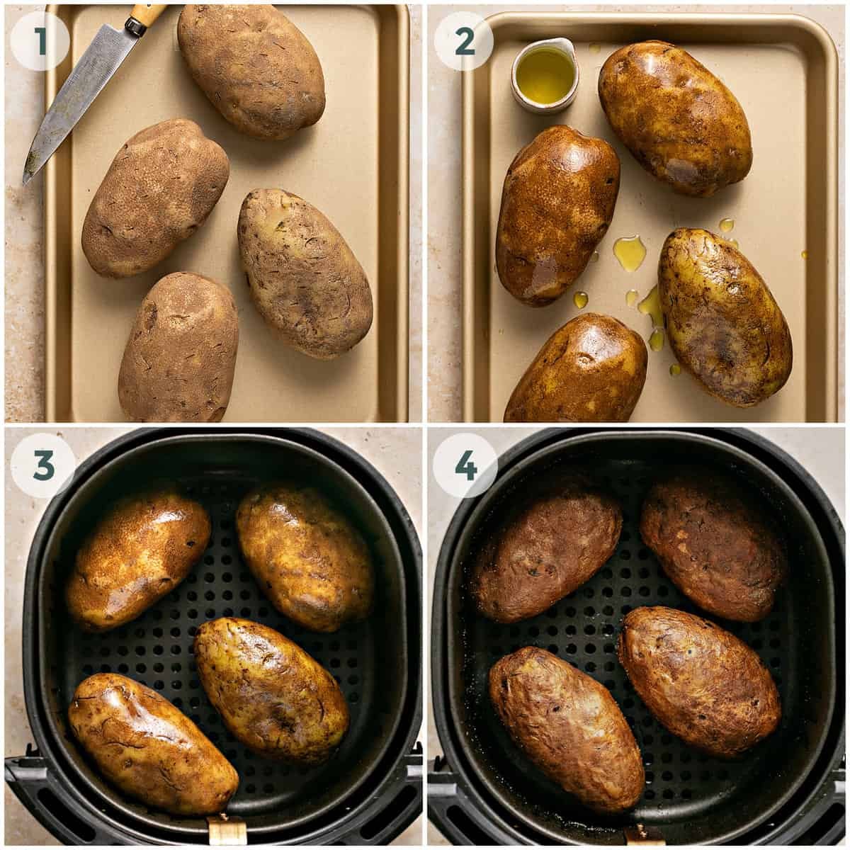 four steps of preparing air fryer baked potatoes recipe