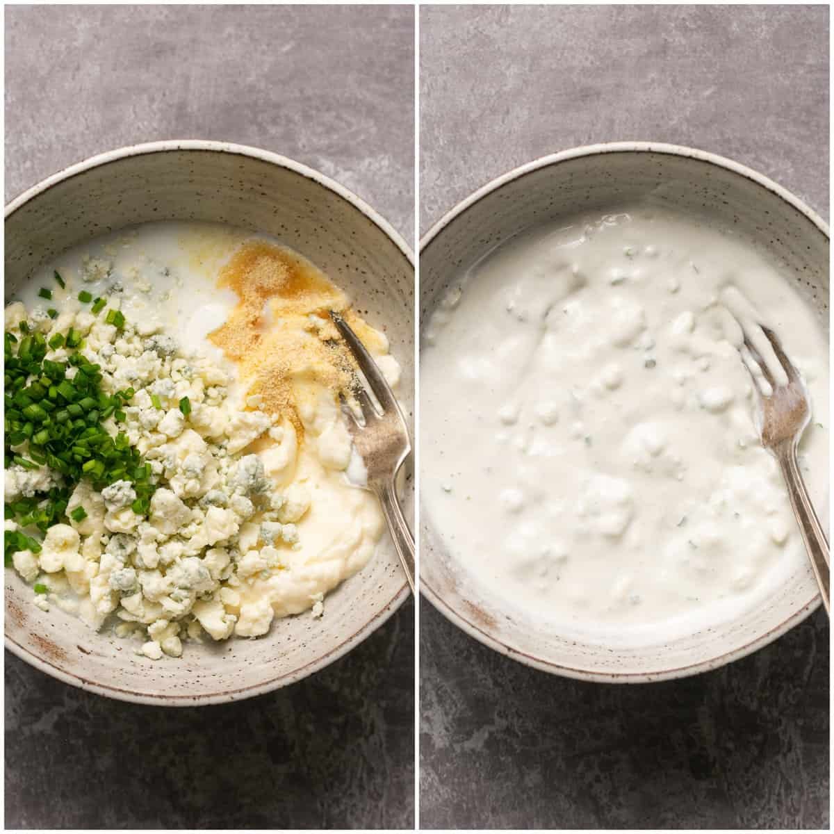 two steps of preparing blue cheese dressing