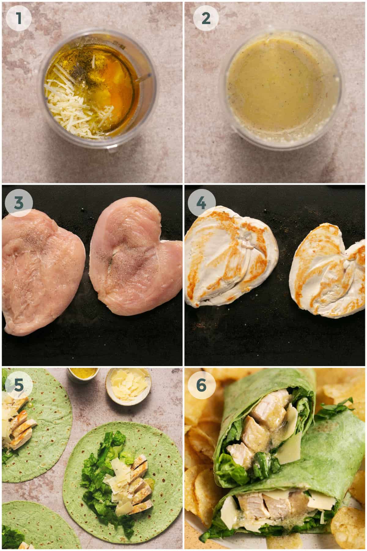 six steps of preparing chicken caesar salad wraps