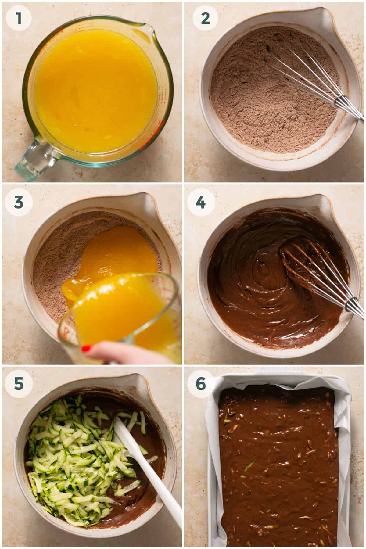 steps 1-6 of preparing zucchini chocolate cake recipe