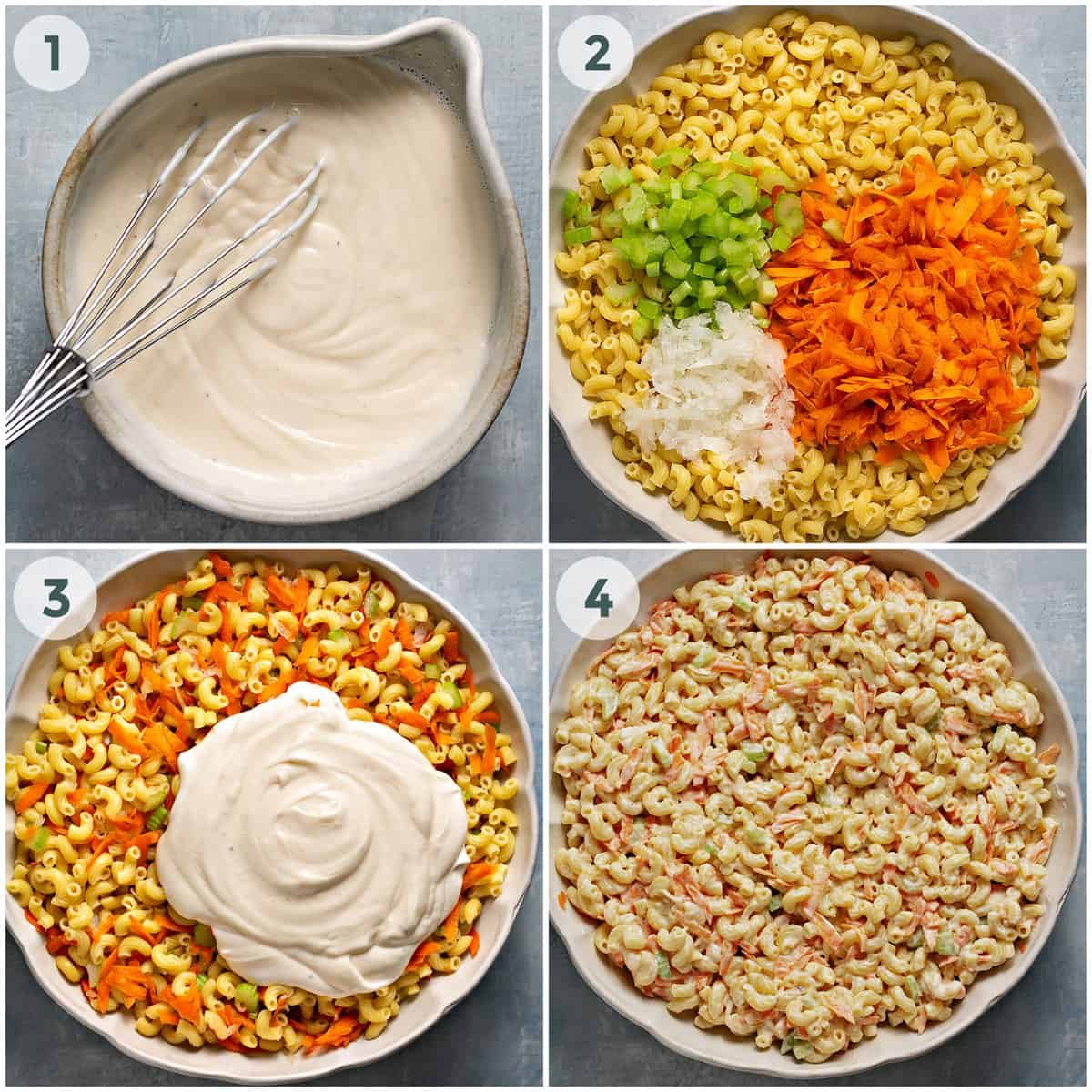 four steps of preparing hawaiian macaroni salad recipe