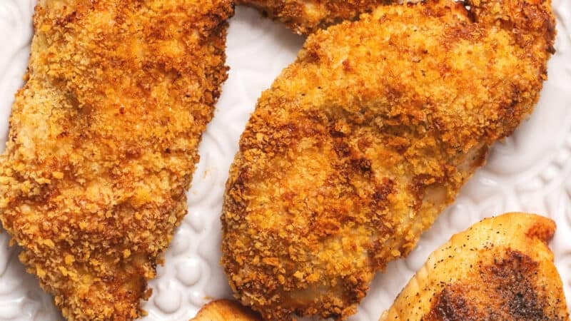 crispy air fryer chicken breasts on platter