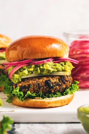 single black bean burger on cutting board