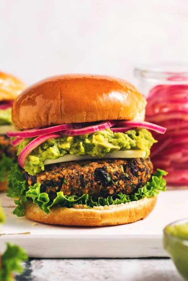 single black bean burger on cutting board