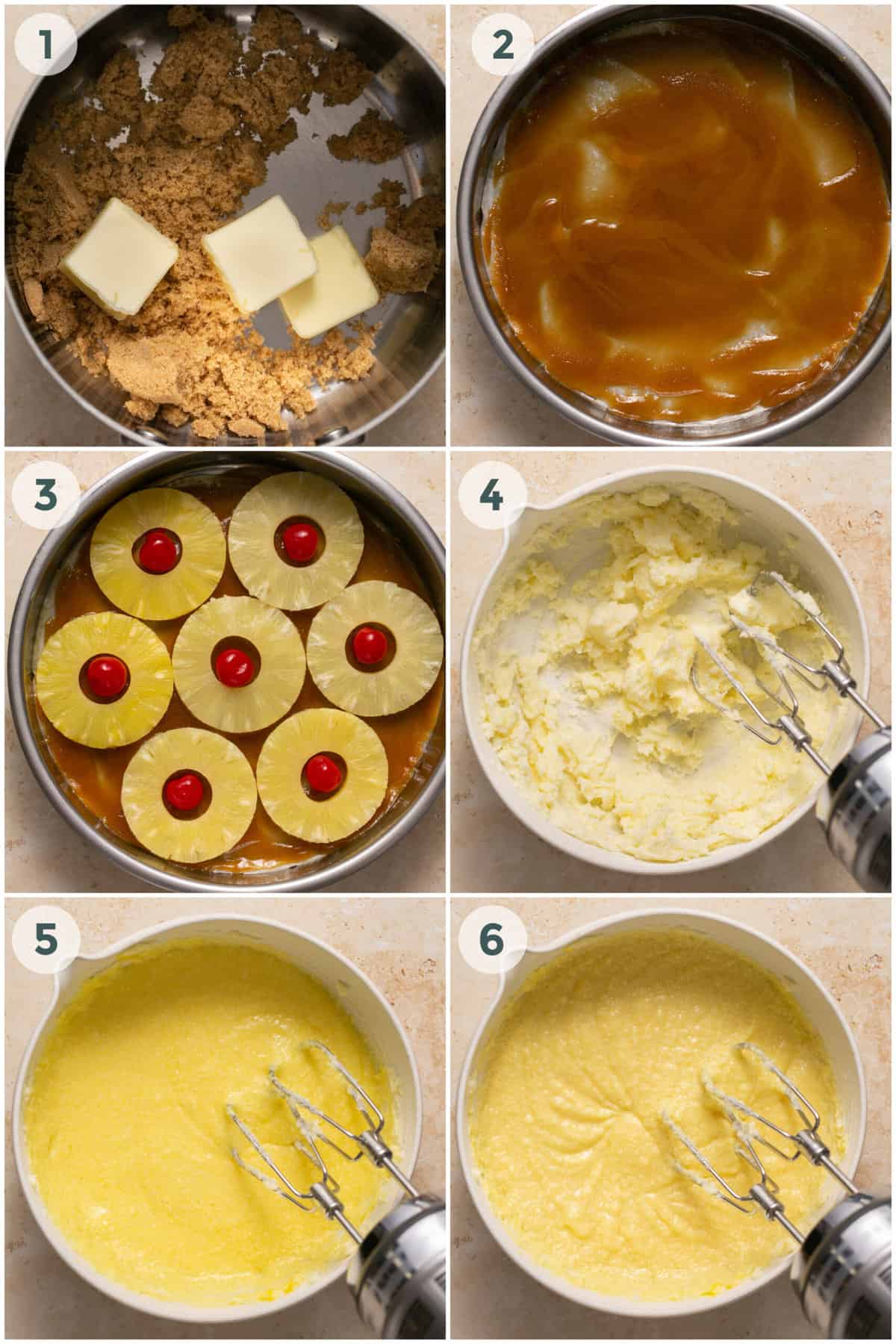 first six steps of preparing pineapple upside down cake recipe