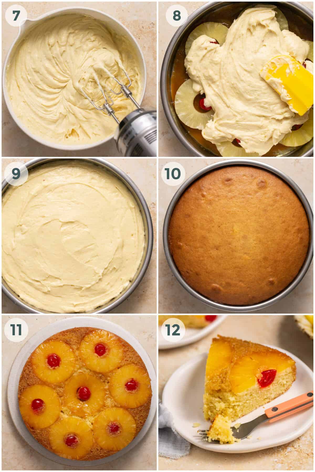 steps 6-12 of preparing pineapple upside down cake recipe