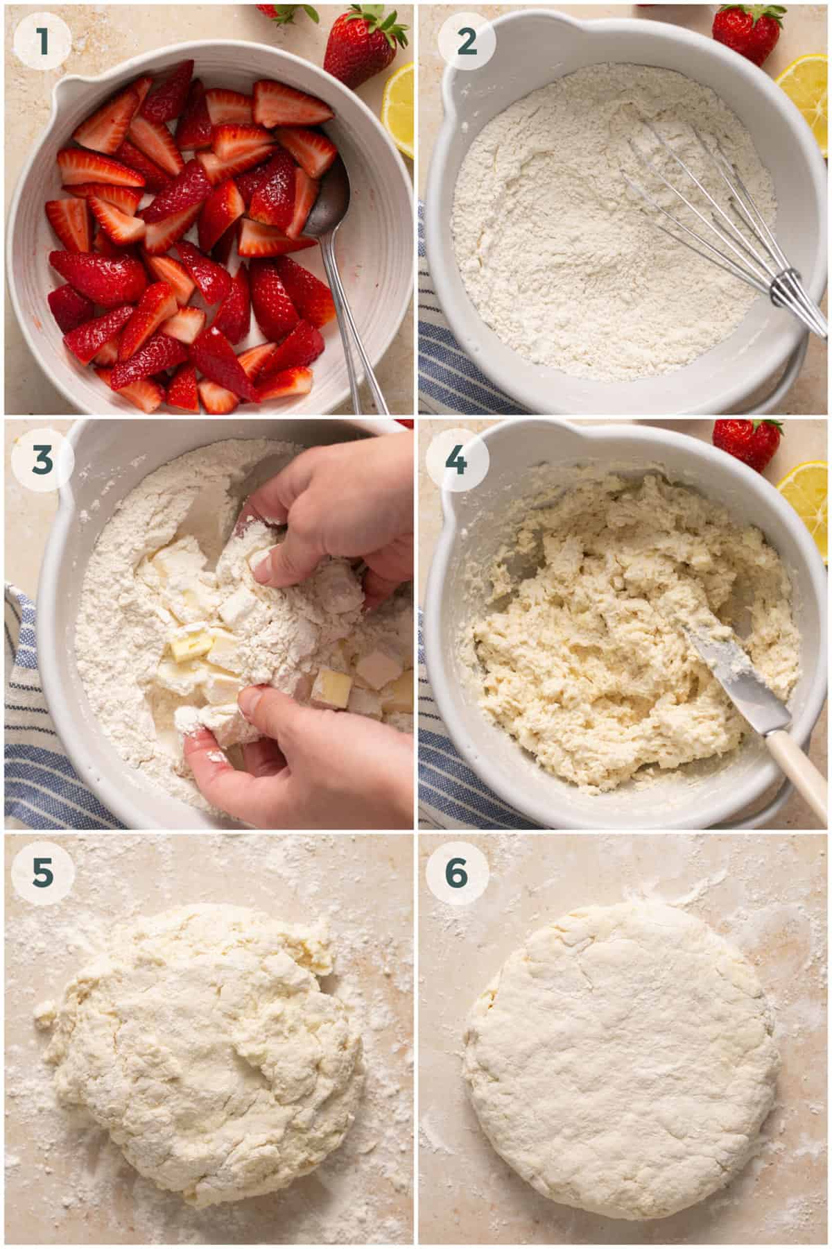 first six steps of preparing strawberry shortcake recipe