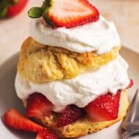 strawberry shortcake on plate with fork