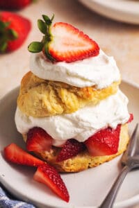 strawberry shortcake on plate with fork