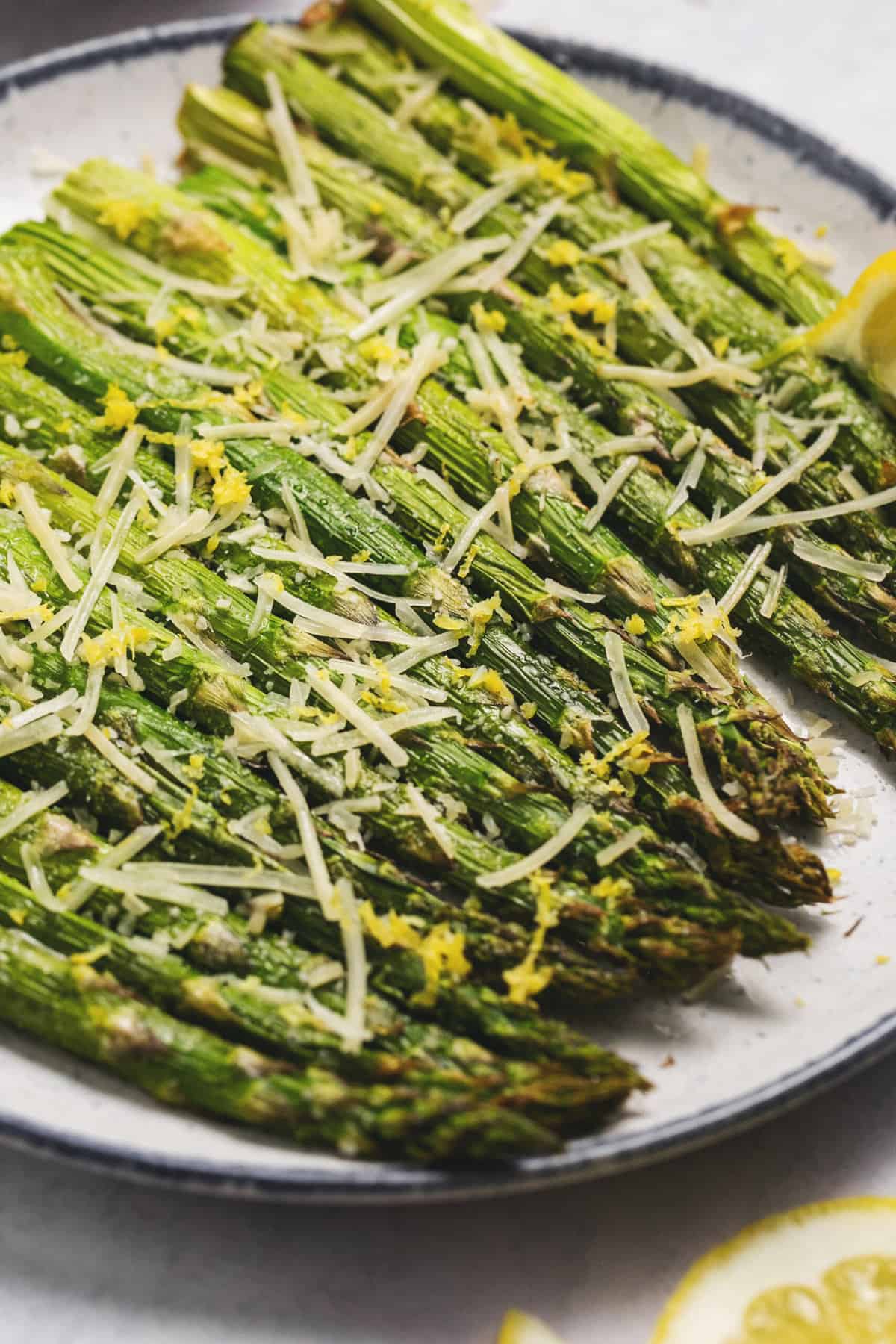 lemon and parmesan asparagus on a plate