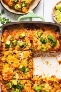 chicken enchilada casserole in baking dish