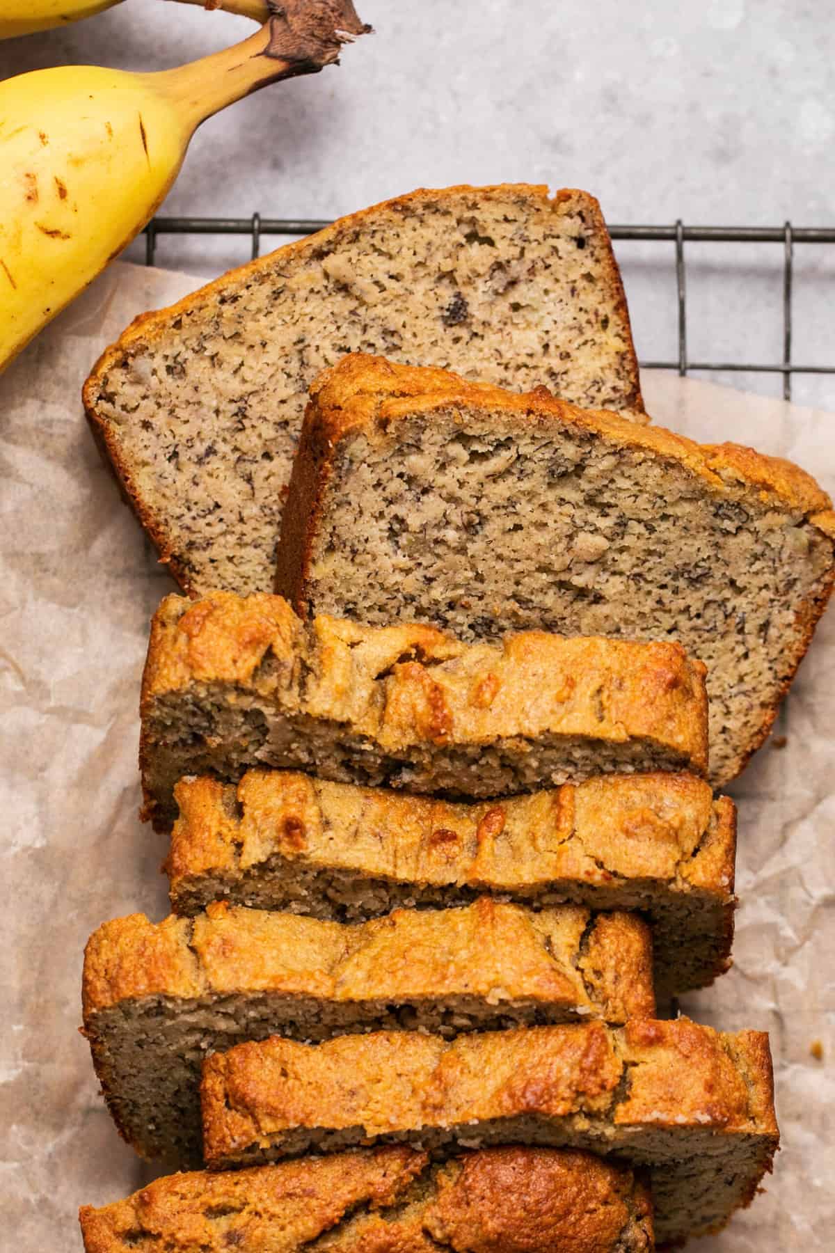 overhead view of slices of banana bread