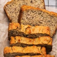 overhead view of slices of banana bread