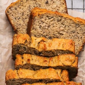 overhead view of slices of banana bread