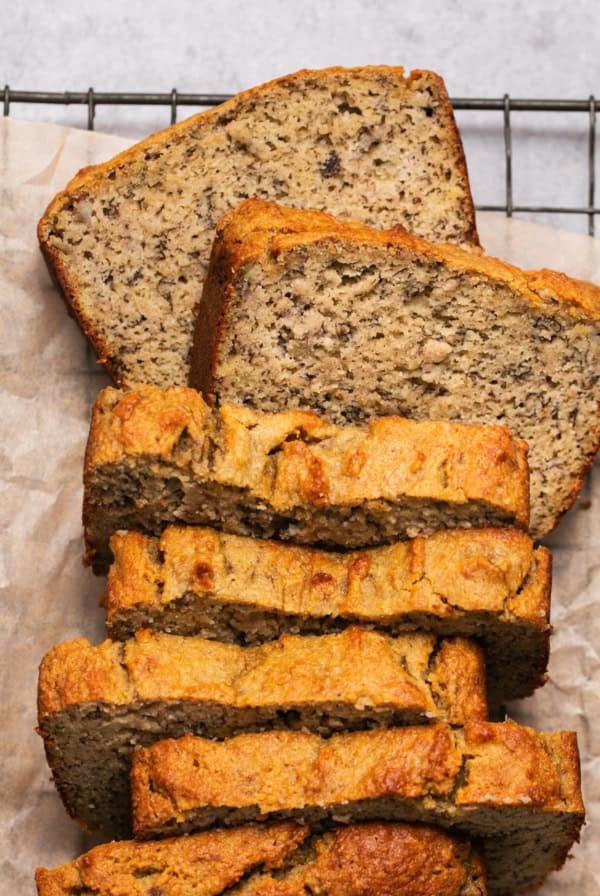 overhead view of slices of banana bread