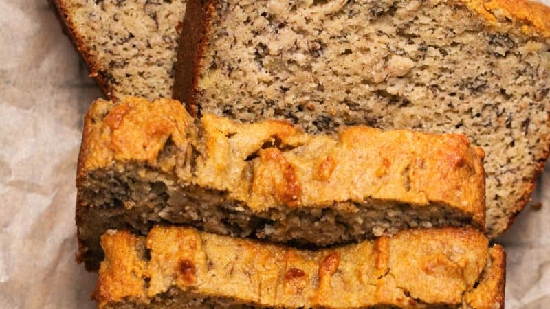 overhead view of slices of banana bread