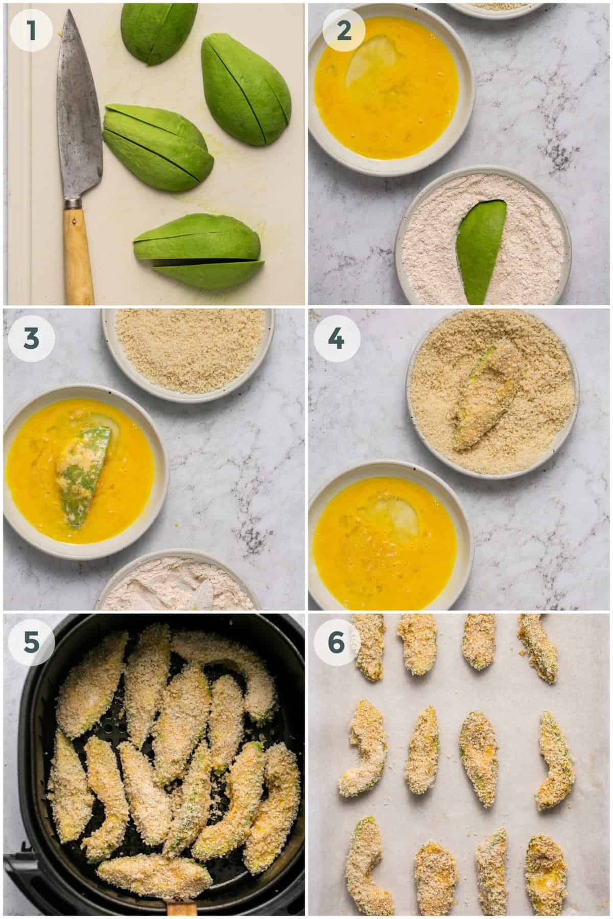 steps 1-6 of avocado fries recipe