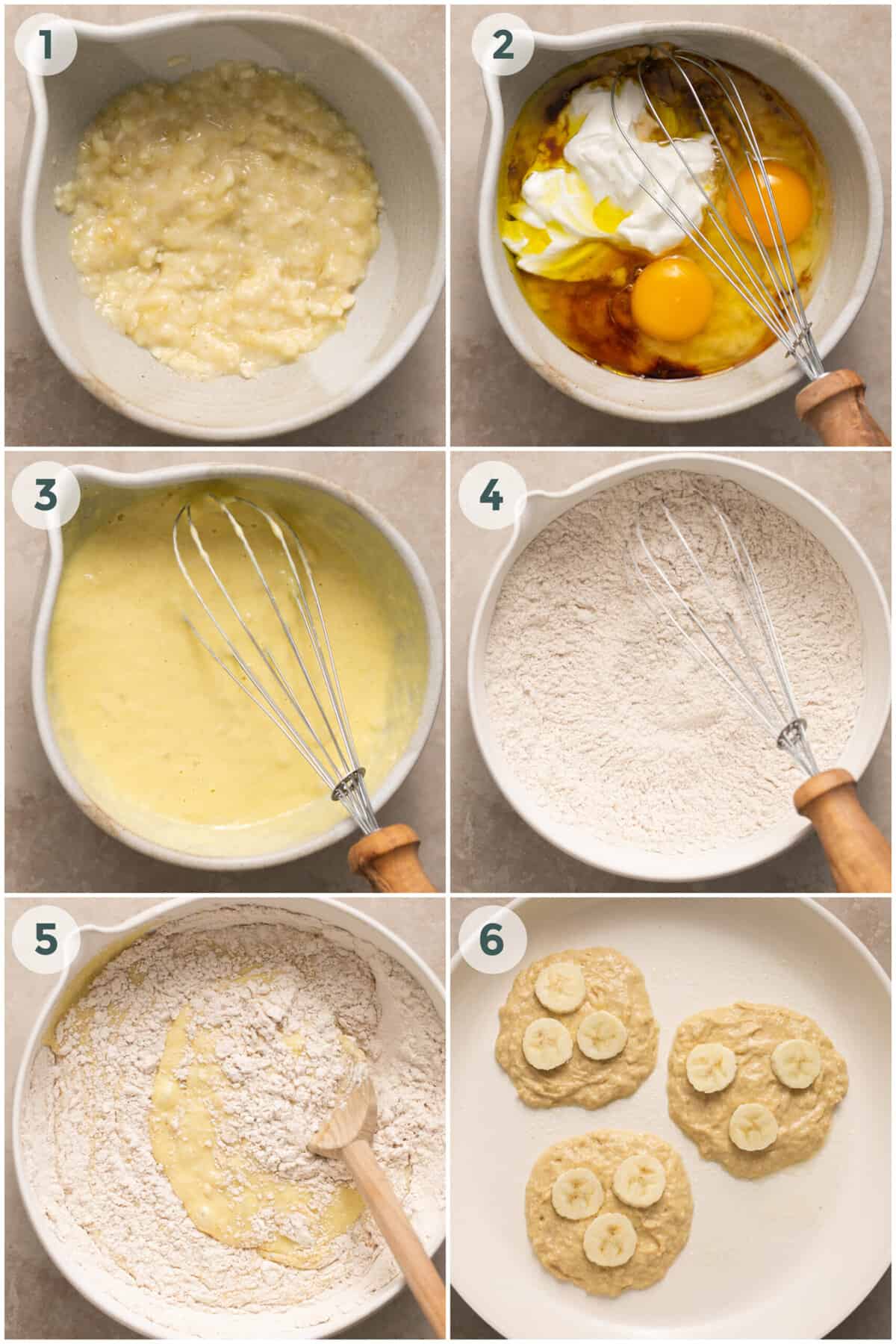 six steps of preparing banana pancakes