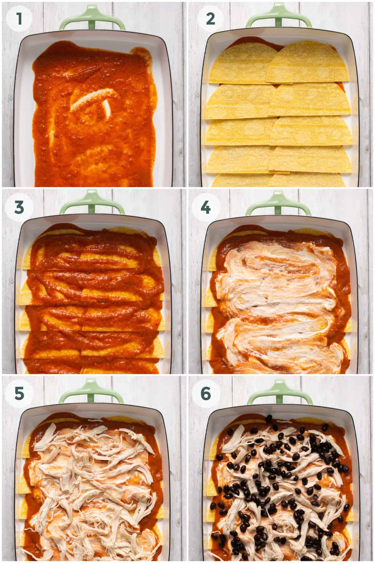 steps 1-6 of preparing chicken enchilada casserole