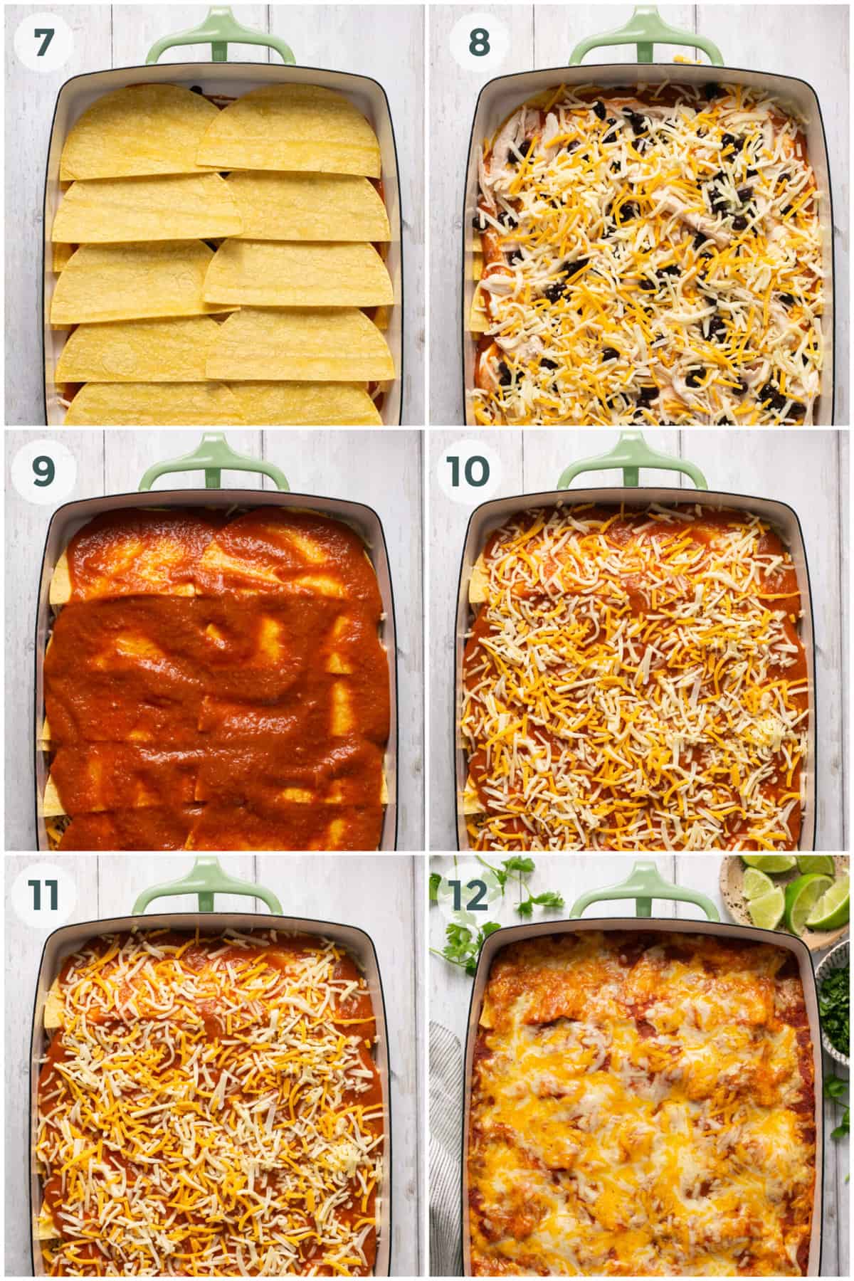 steps 7-12 of preparing chicken enchilada casserole