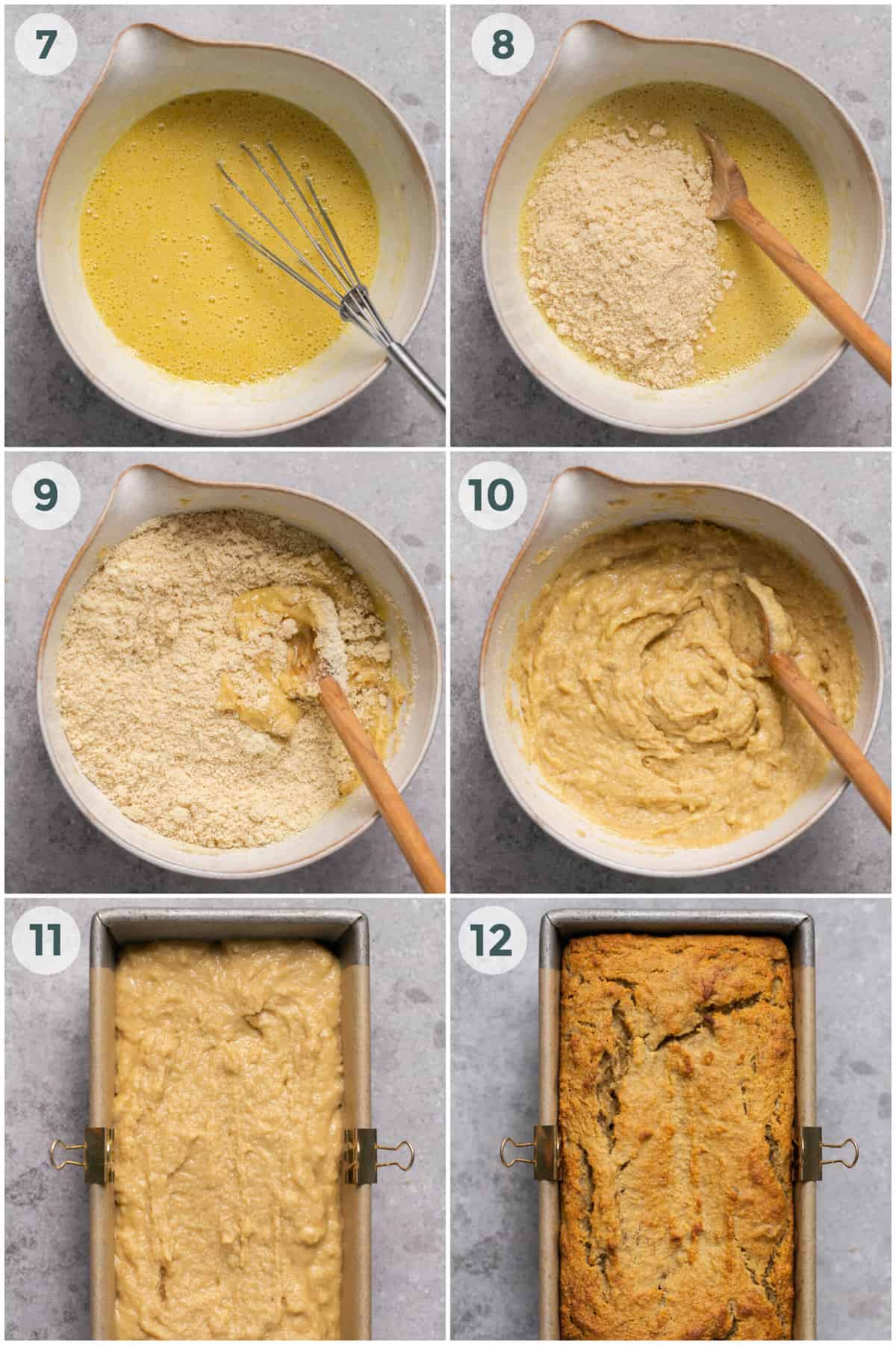 steps 7-12 of preparing gluten free banana bread