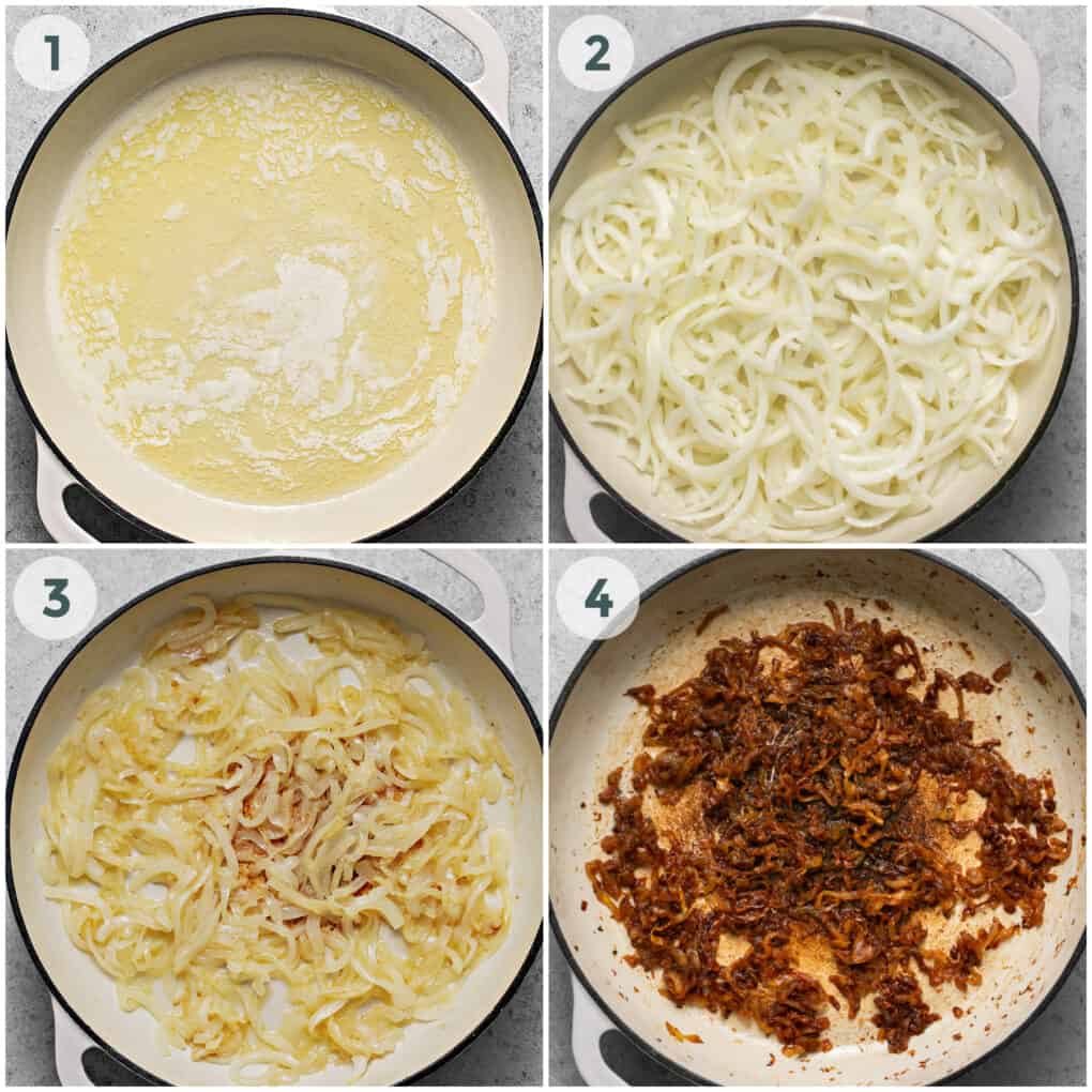 steps 1-4 of preparing caramelized onions