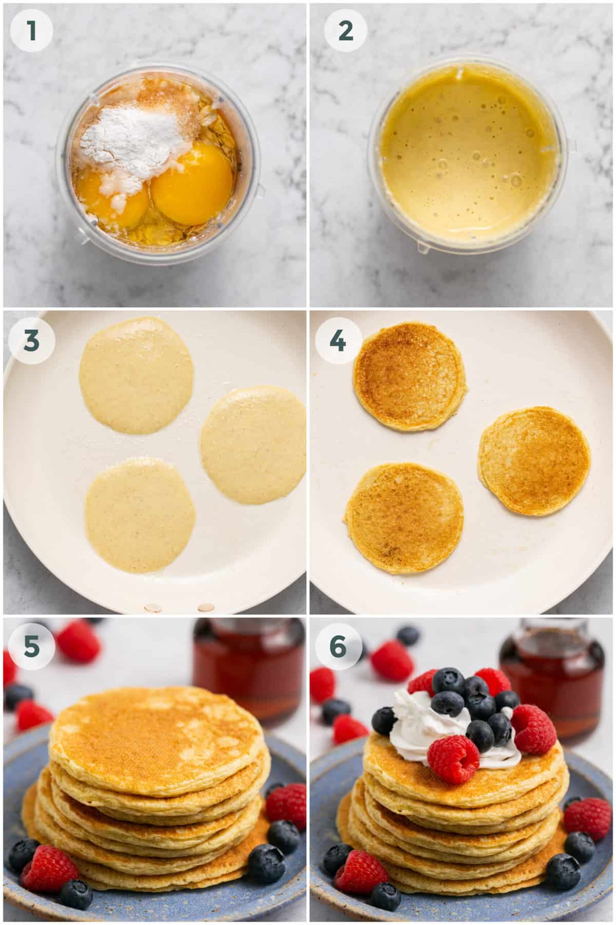 six steps showing out to make cottage cheese pancakes