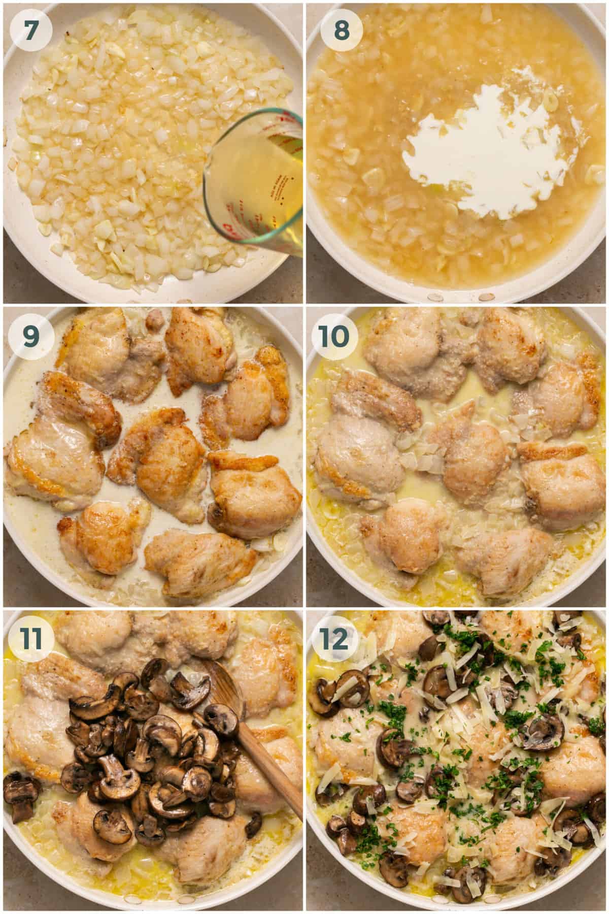 steps 7-12 of preparing creamy garlic mushroom chicken recipe