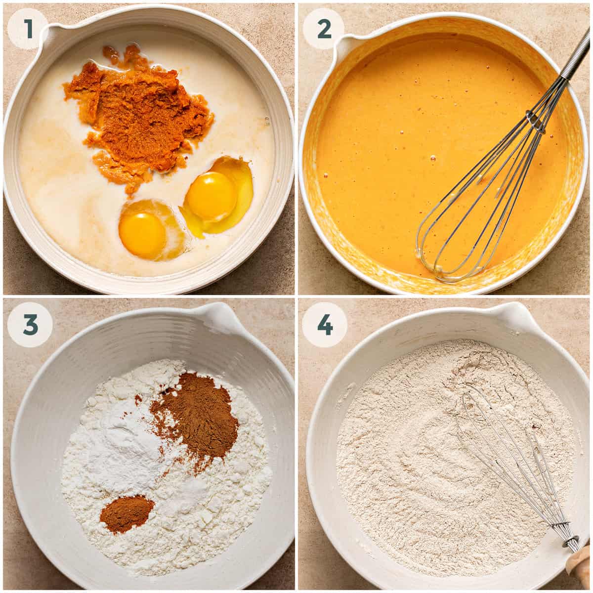 first four steps of preparing pumpkin pancakes