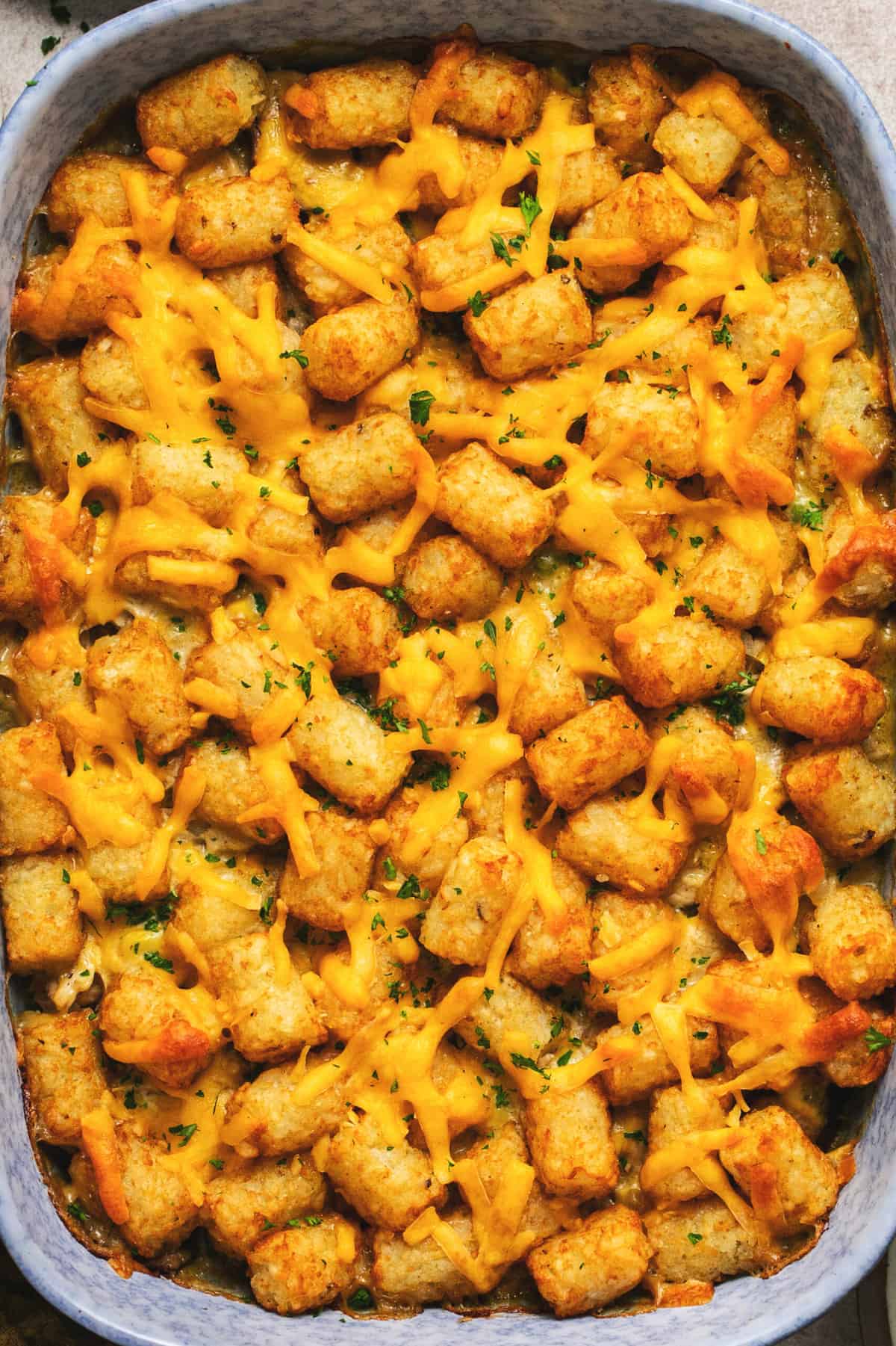 up close baked tater tots with cheese in casserole dish