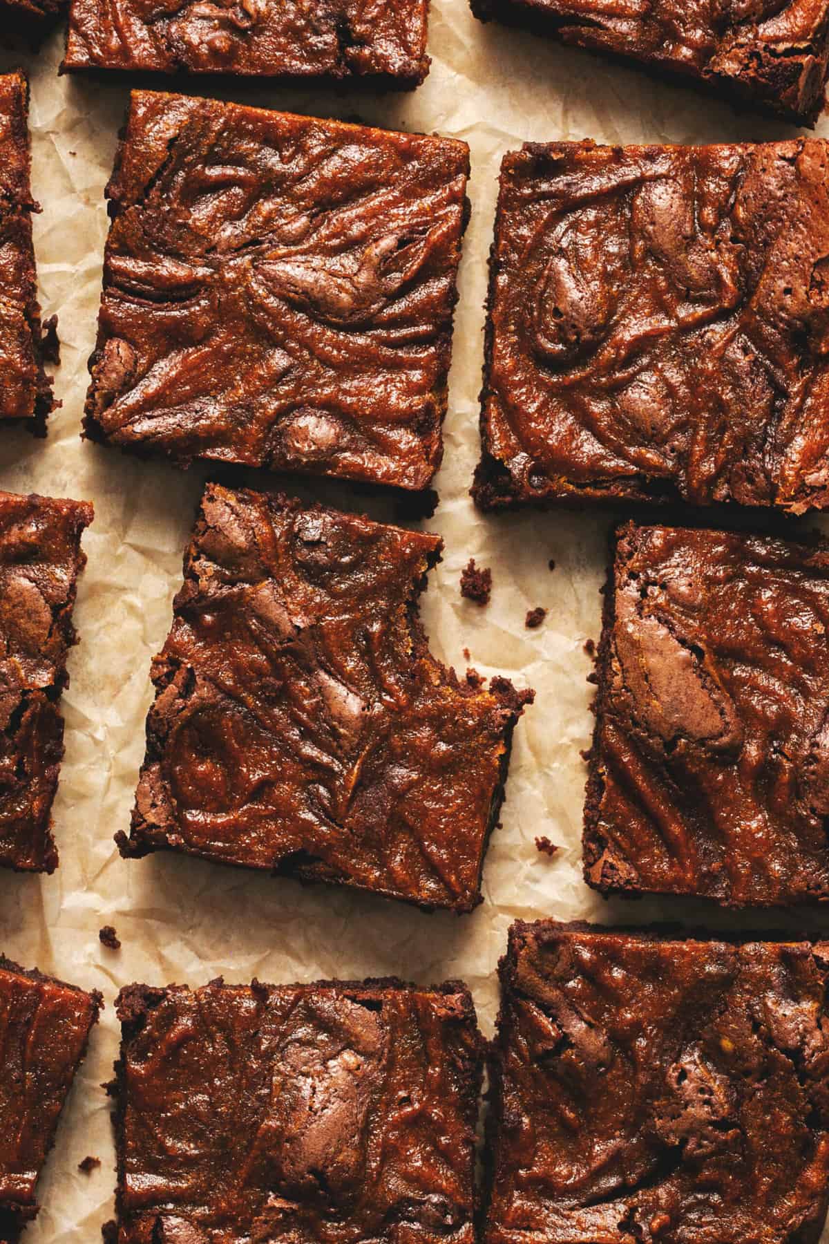 pumpkin brownie with bite taken on parchment with more brownies surrounding