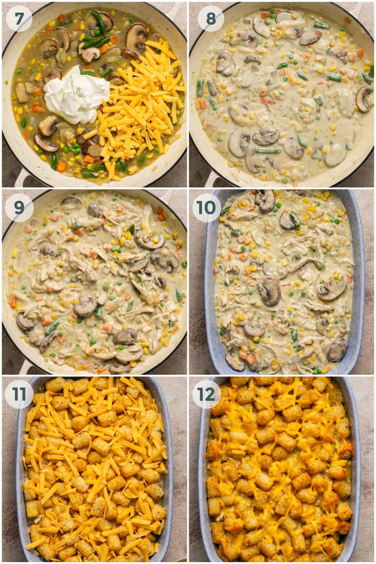 steps 7-12 of preparing tater tot casserole recipe