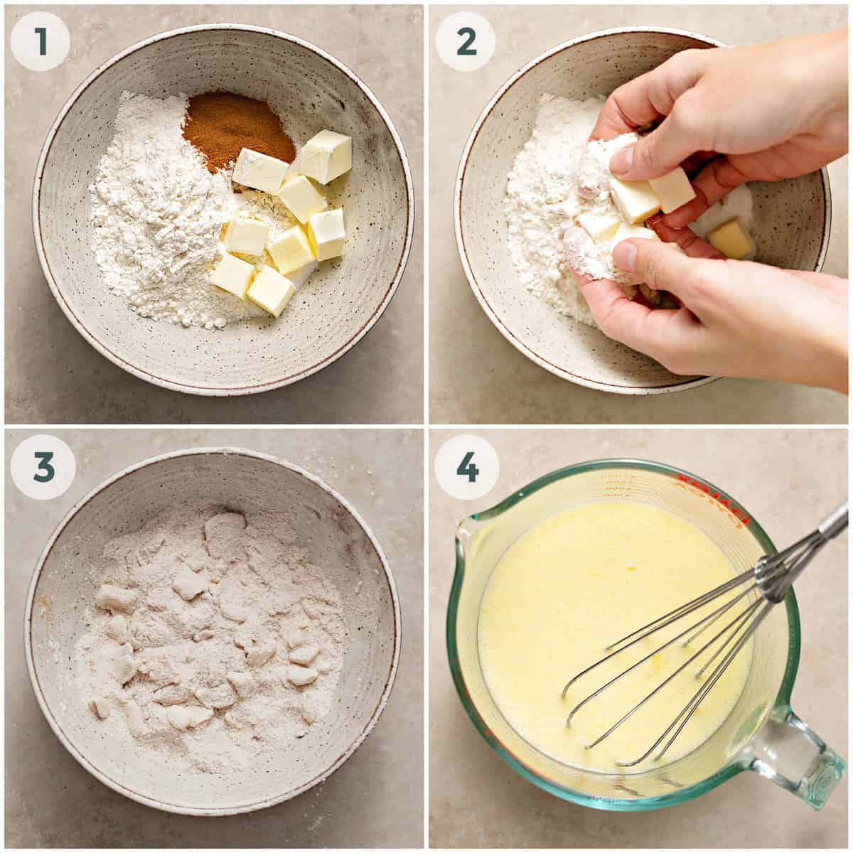 first four steps of preparing cinnamon streusel muffins