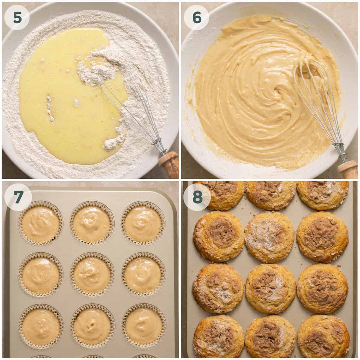 final four steps of preparing cinnamon streusel muffins