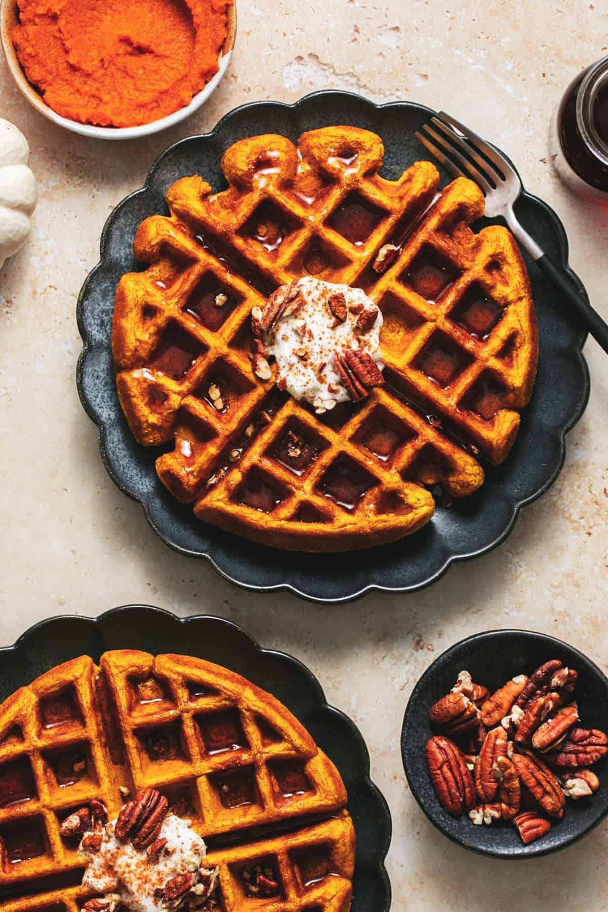 pumpkin waffles on plates