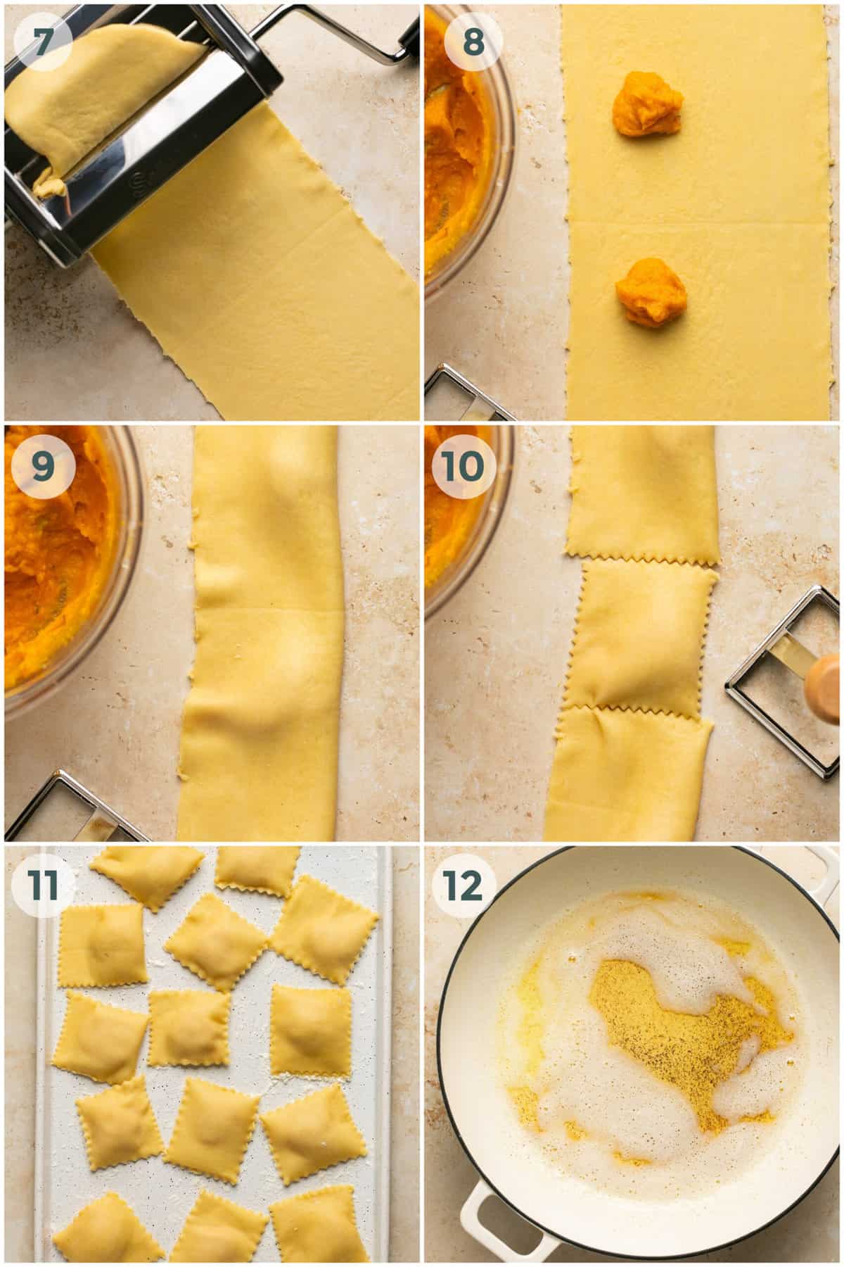 steps 7-12 of preparing butternut squash ravioli