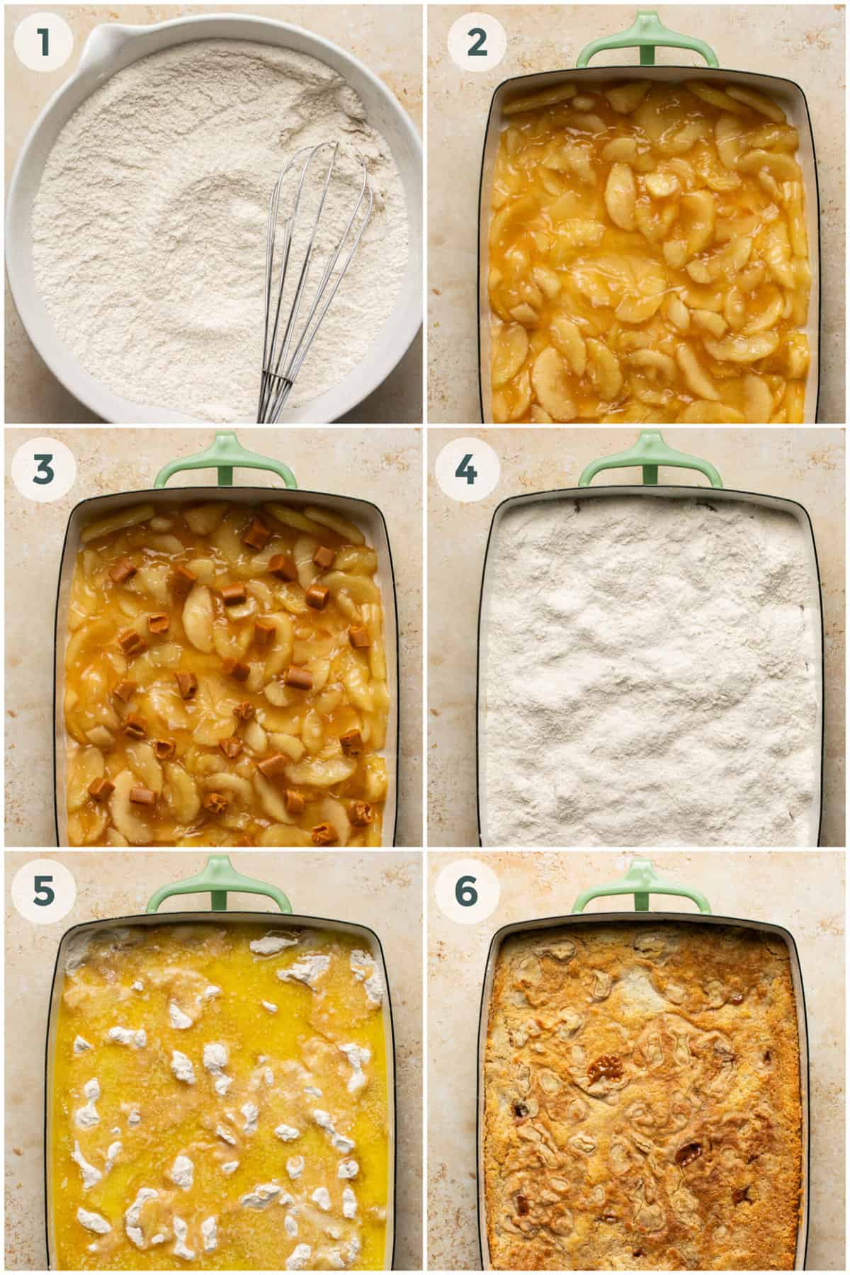six steps of preparing caramel apple dump cake