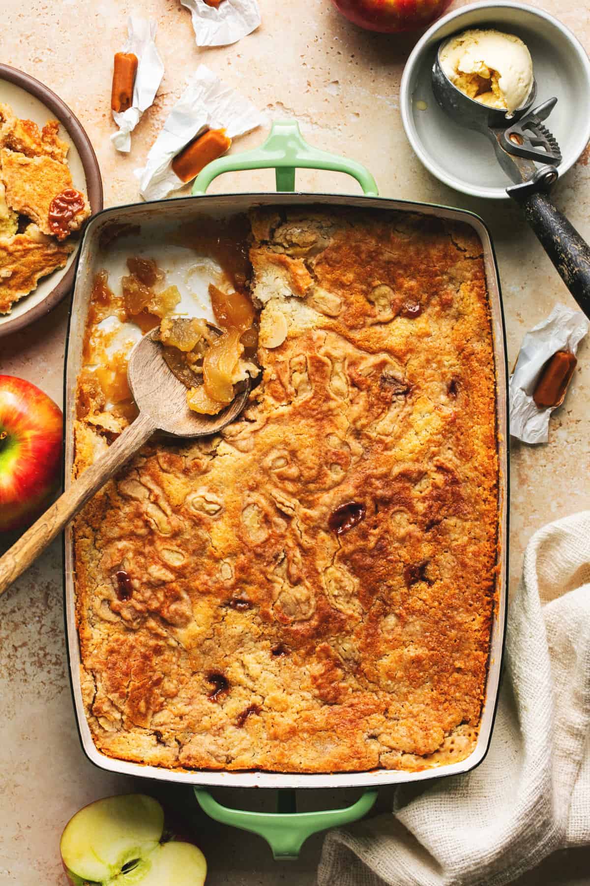 baked caramel apple dump cake in a baking pan