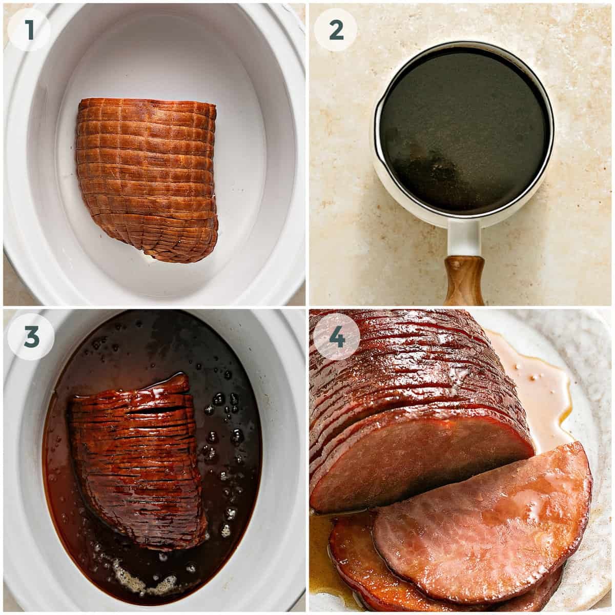 four steps of preparing glazed ham in crockpot