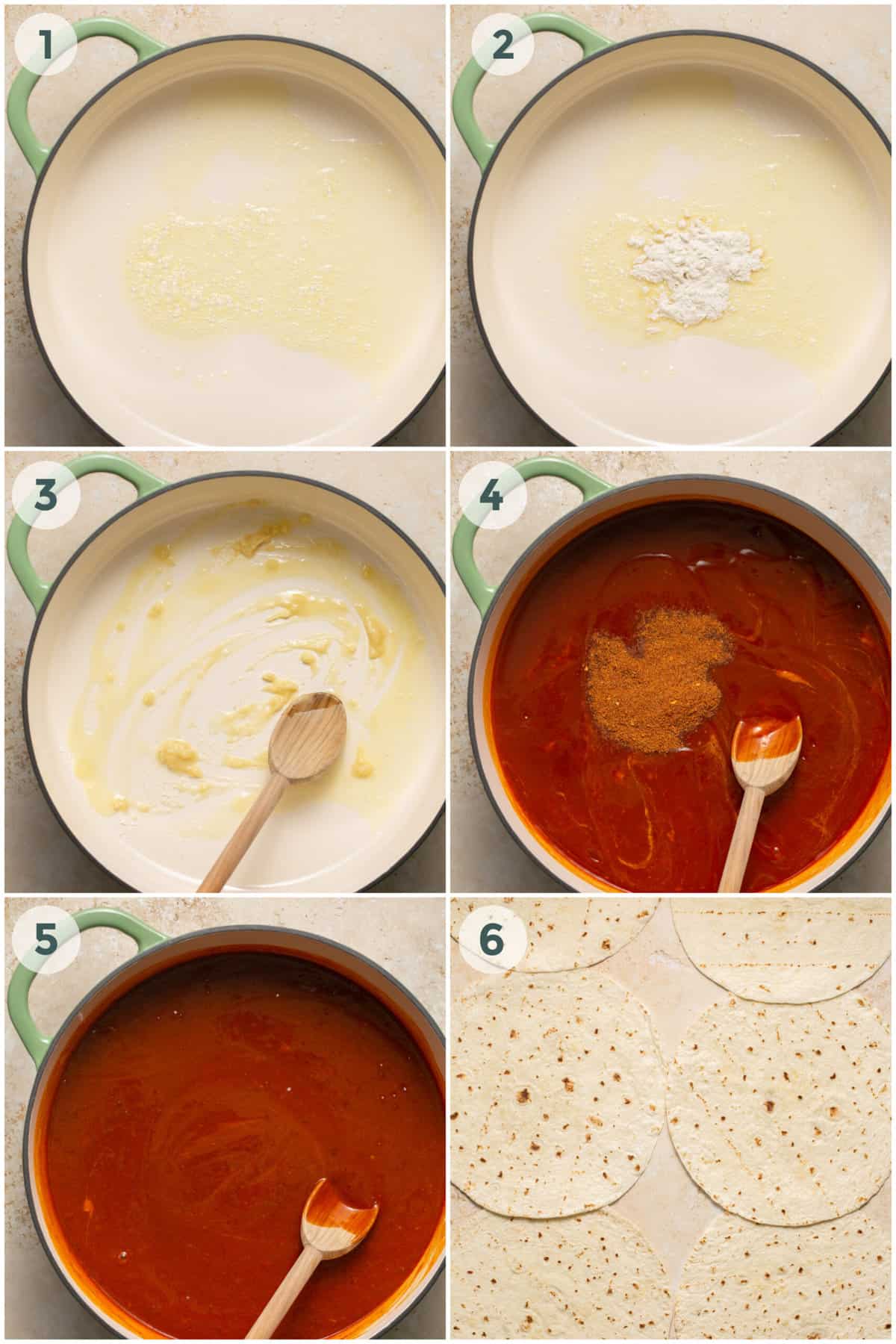 first six steps of preparing vegetarian enchiladas