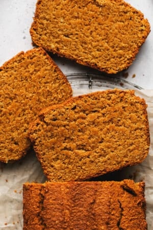 slices of gluten free pumpkin bread on tabletop