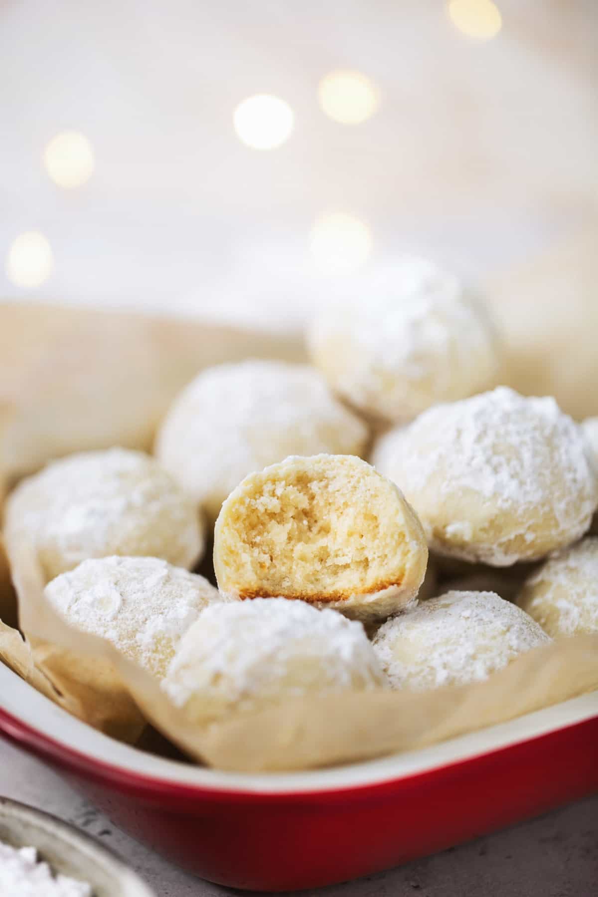 christmas snowball cookies in a dish