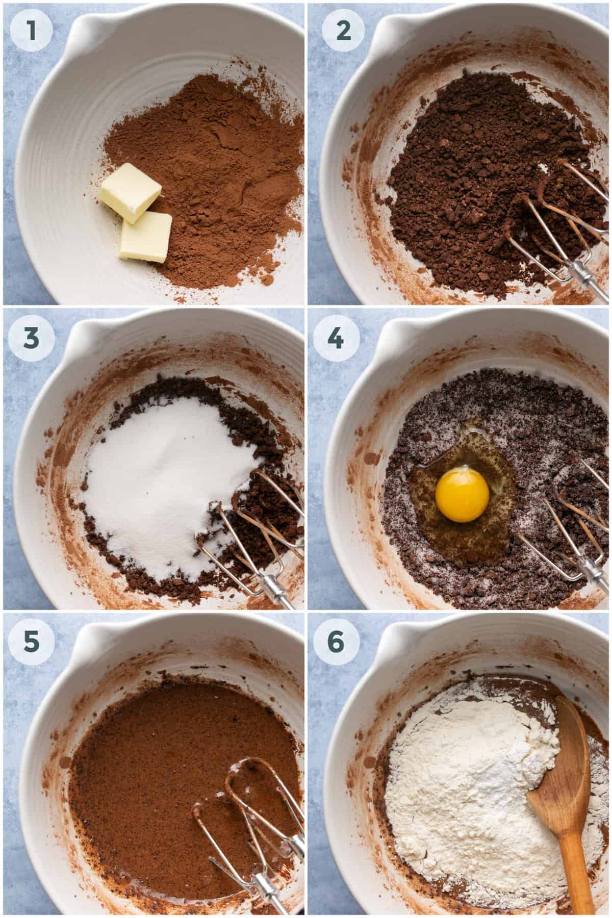steps 1-6 of preparing chocolate crinkle cookies recipe